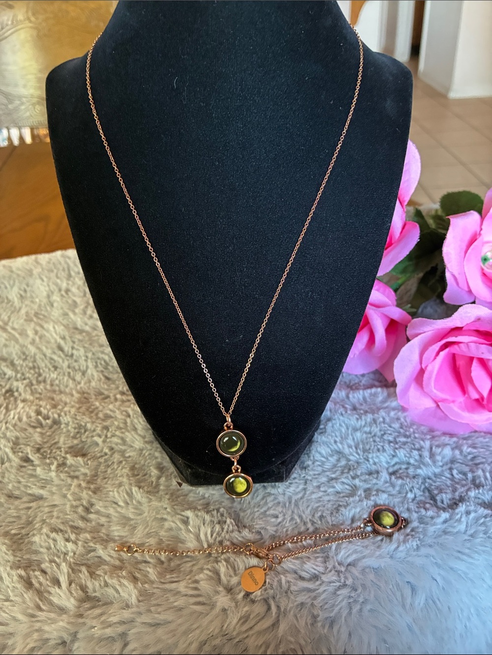 Rose Gold Double Drop Necklace with Green Stones Mini Ituri Necklace